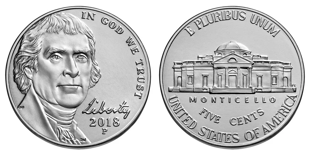 2018 Jefferson nickel obverse and reverse showing Thomas Jefferson portrait and Monticello