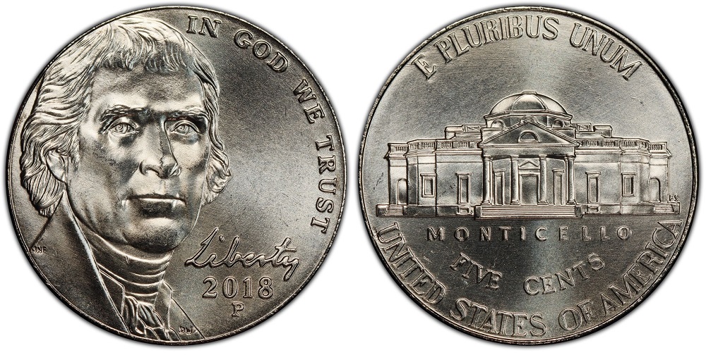 Grading strip showing four 2018 Jefferson nickels in worn, circulated, uncirculated, and gem mint state conditions side by side