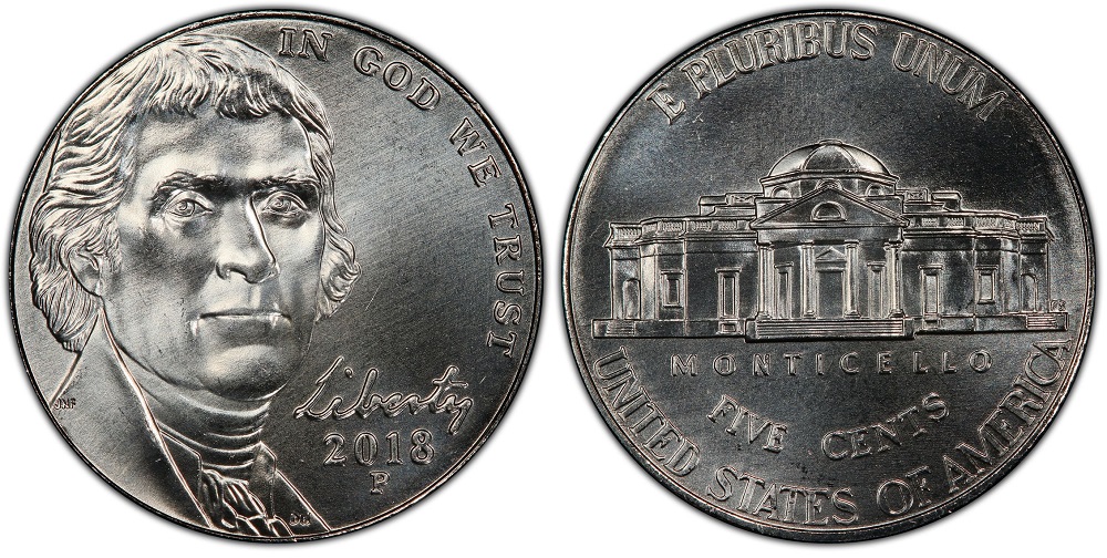 Comparison of 2018 nickel Monticello reverse showing common strike with weak steps above versus Full Steps example with complete sharp step lines below