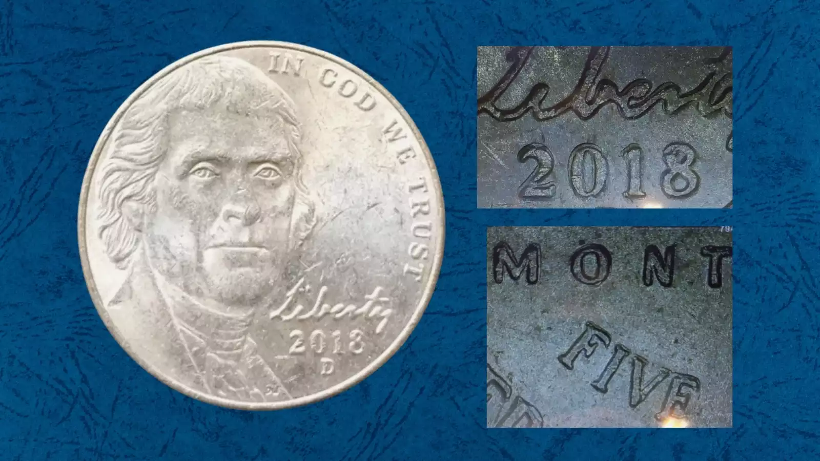 2018 nickel doubled die error showing doubling on LIBERTY and date inscription under magnification