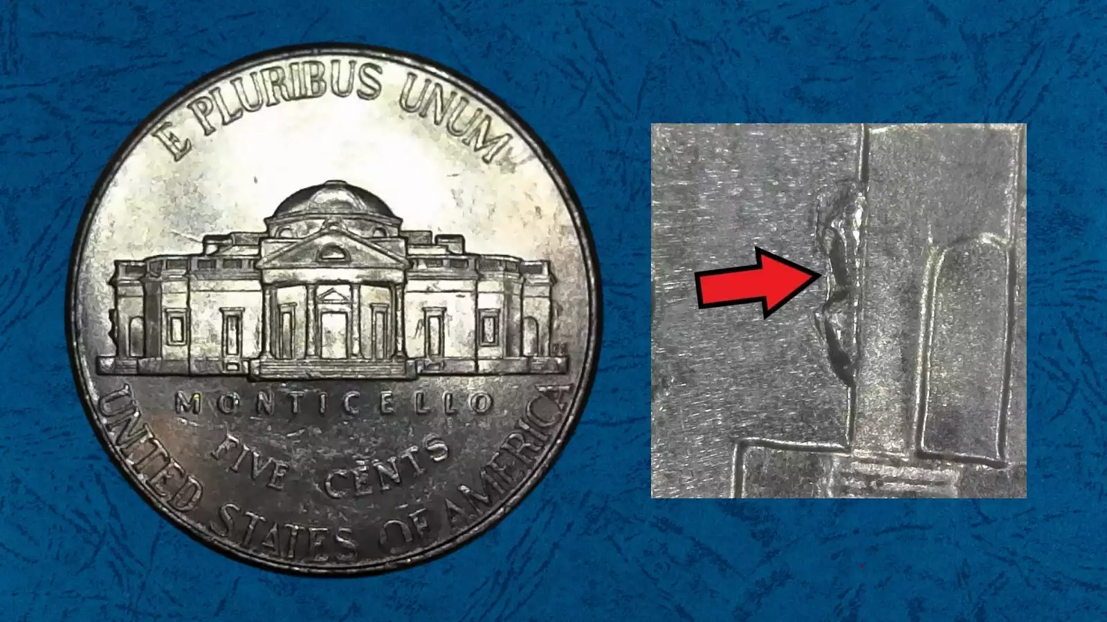 2018-D nickel die chip beehive error showing two small raised protrusions on the left side of Monticello reverse