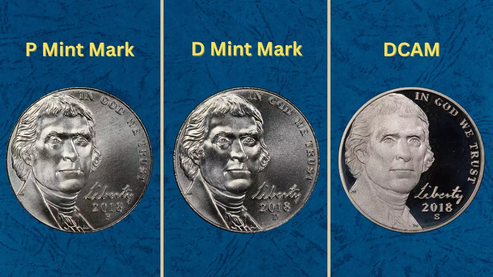 Group of 2018 Jefferson nickels from Philadelphia and Denver mints showing typical circulated specimens